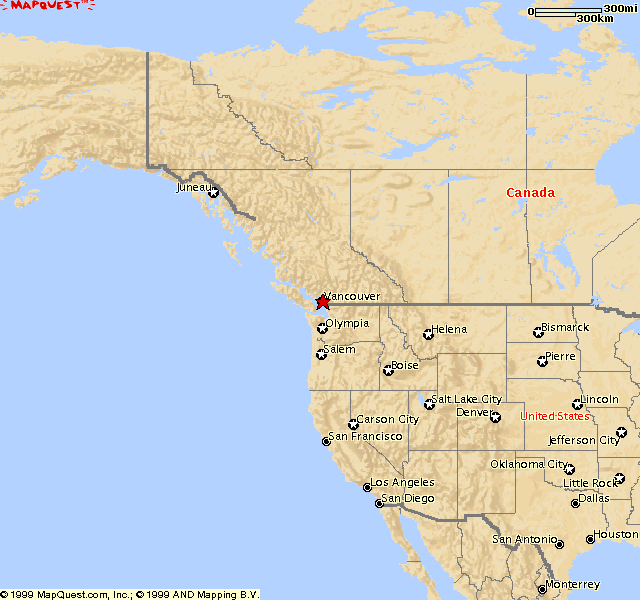 Closest major Canadian city is Vancouver B.C. [red star]
